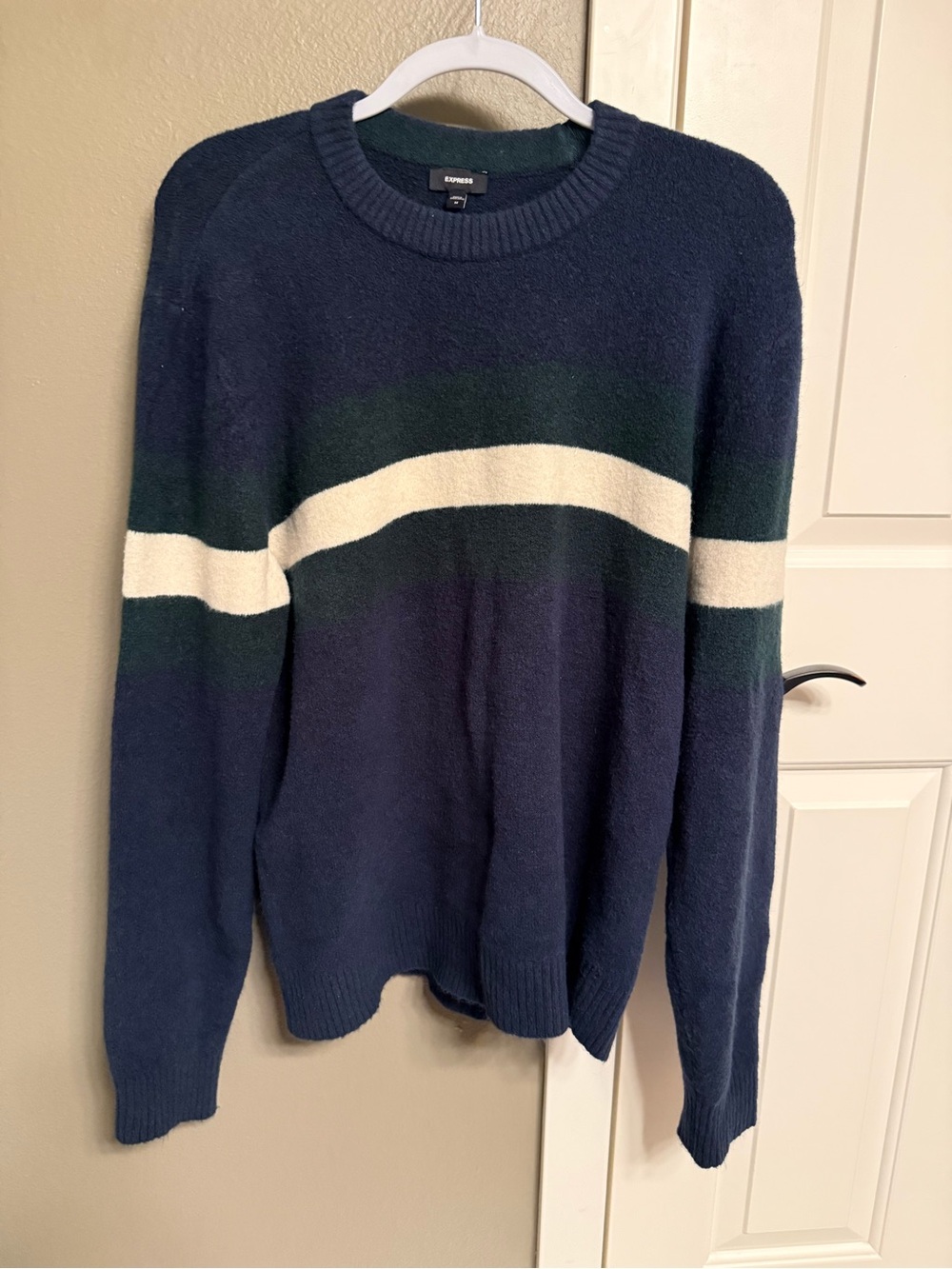 Express Navy Crewneck Sweater with Green and Cream Stripes
